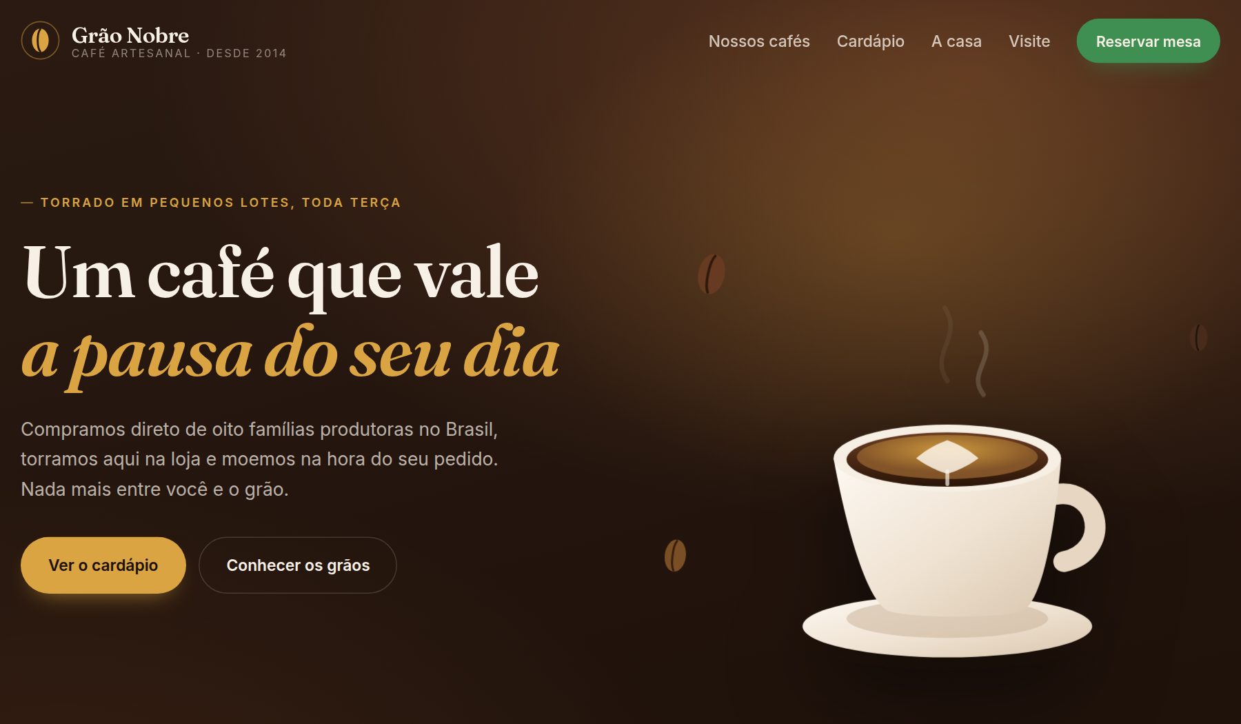 Um site de cafeteria publicado: Grão Nobre, café artesanal
